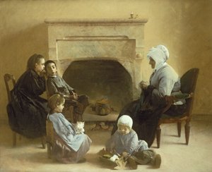 Familie zittend rond een haard door Henri Jules Jean Geoffroy